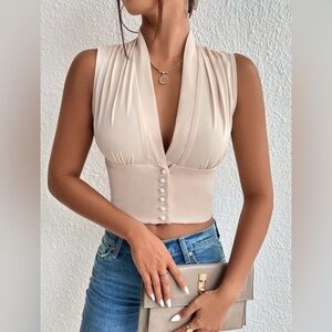 Elegant Cream Button Down Sleeveless Top